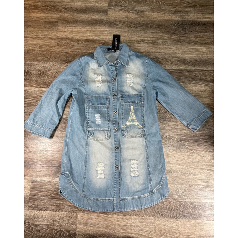 Gran Oriente Eiffel Tower Distressed Denim‎ Shirt Dress Light Wash Blue M Unique